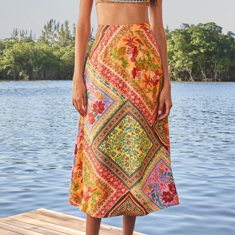 Farm Rio Mixed Scarves Lenzing™ Ecovero™ Viscose Midi Skirt Size M